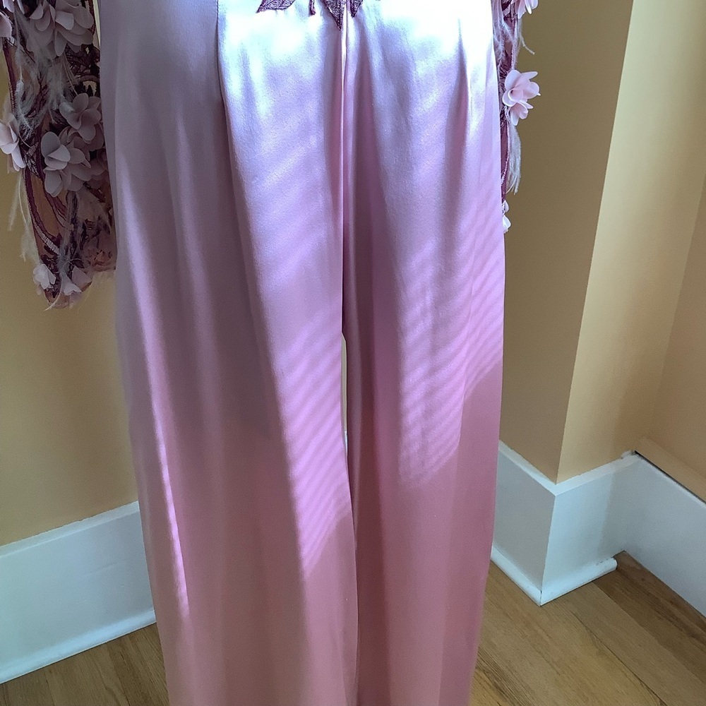 Designer Couture Pink Silk Jumpsuit Floral Appliqué Size Small - Picture 12 of 16